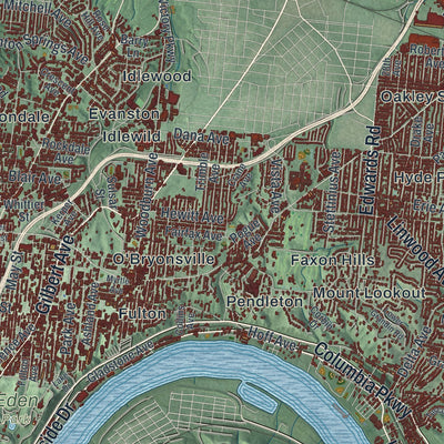 Close-up of the map of Cincinnati, Ohio print showing street and building detail