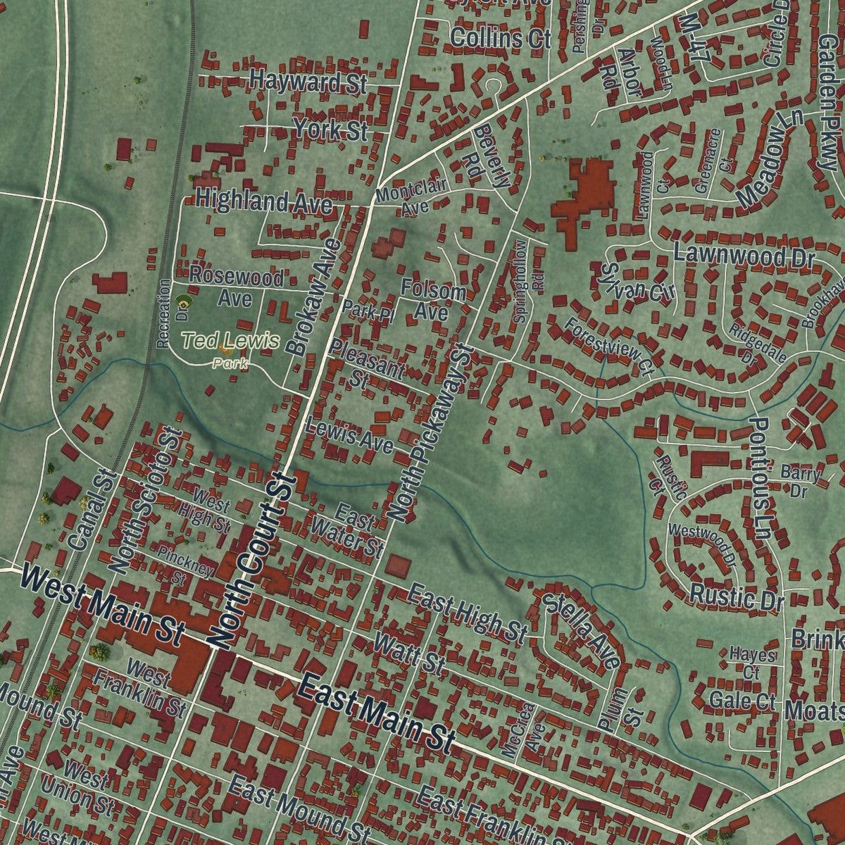 Close-up of the map of Circleville, Ohio print showing street and building detail