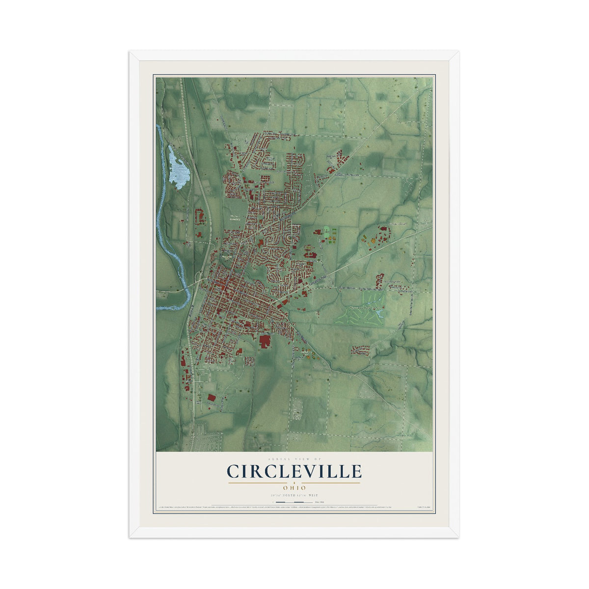 Map of Circleville, Ohio, 12 x 18 inch print in a white wood frame