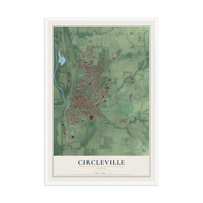 Map of Circleville, Ohio, 12 x 18 inch print in a white wood frame
