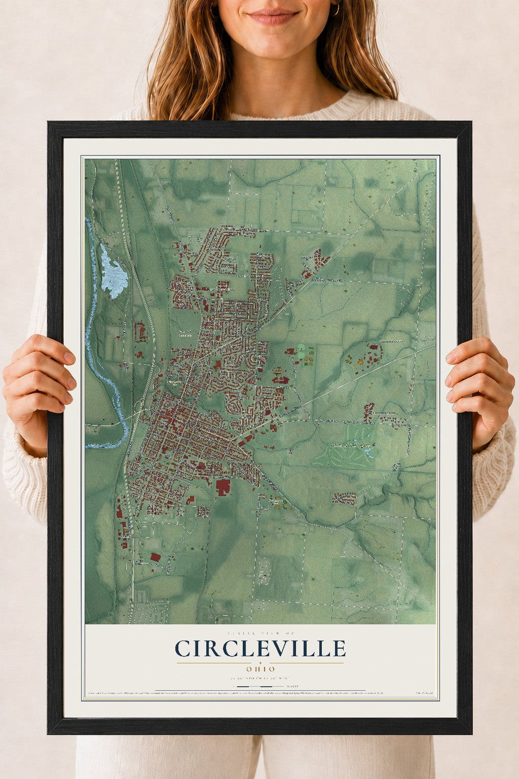 Map of Circleville, Ohio, 18 x 24 inch print in a black wood frame