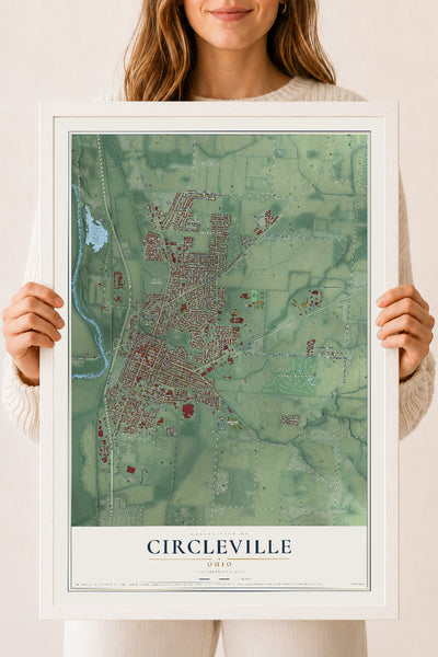 Map of Circleville, Ohio, 18 x 24 inch print in a white wood frame