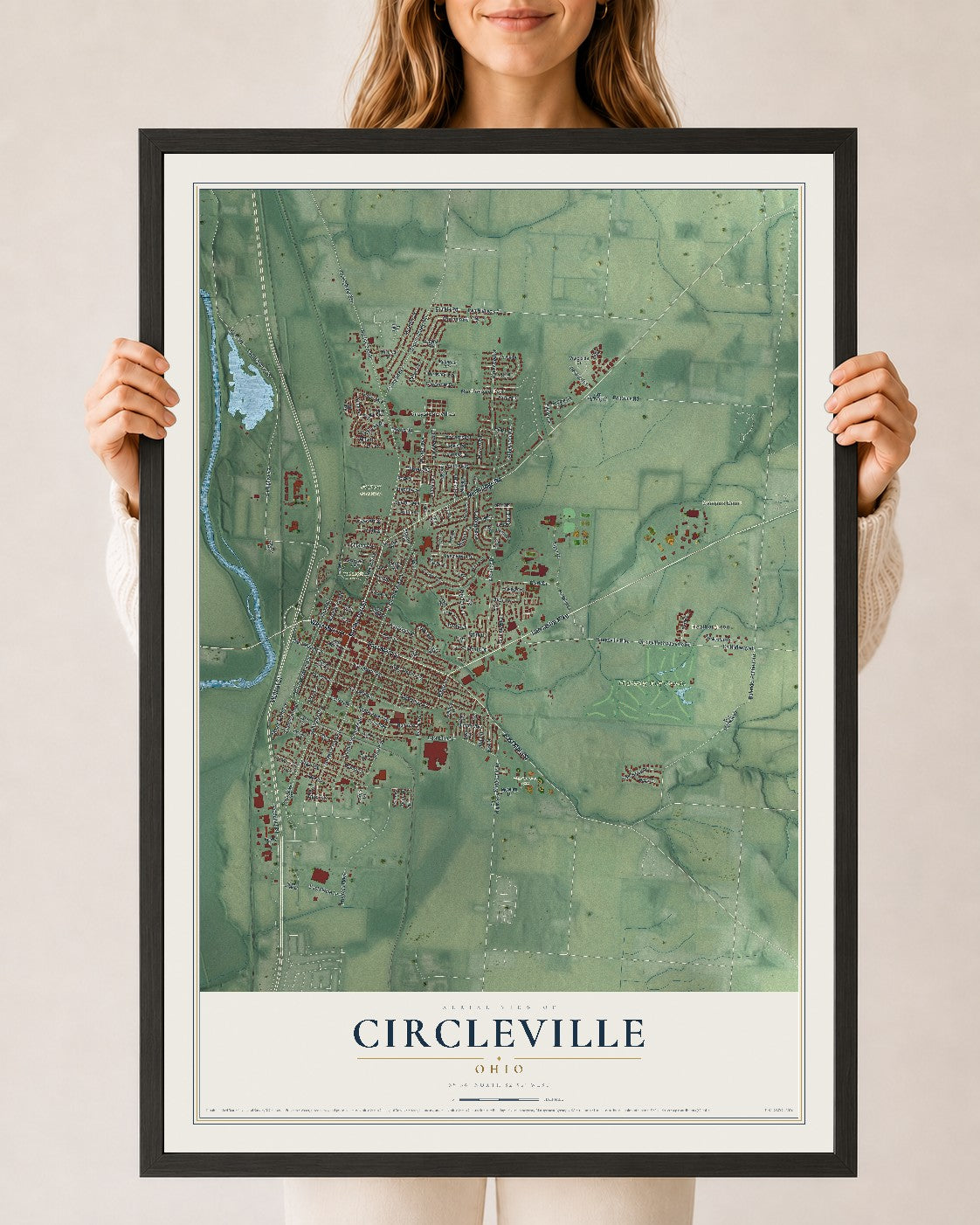 Map of Circleville, Ohio, 24 x 36 inch print in a black wood frame