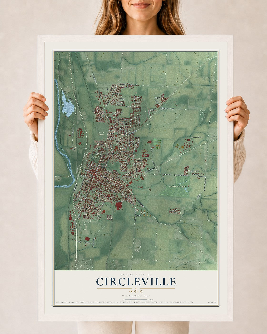 Map of Circleville, Ohio, 24 x 36 inch print in a white wood frame