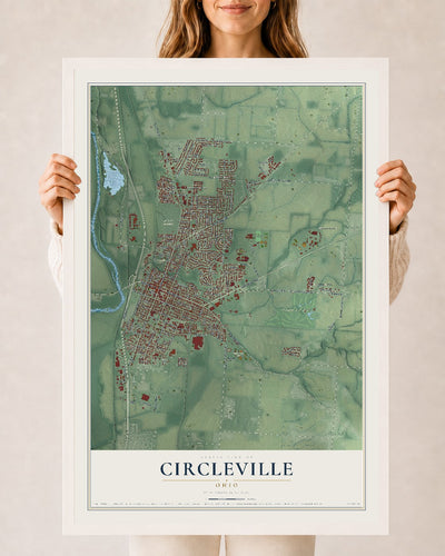 Map of Circleville, Ohio, 24 x 36 inch print in a white wood frame
