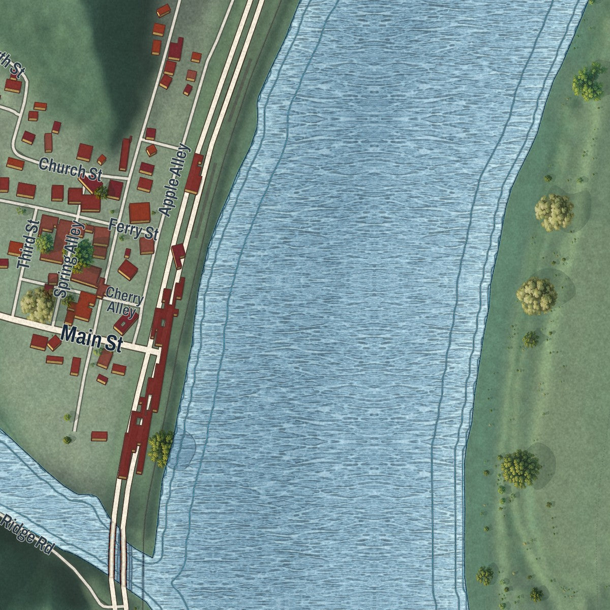 Close-up of the map of Clarington, Ohio print showing street and building detail