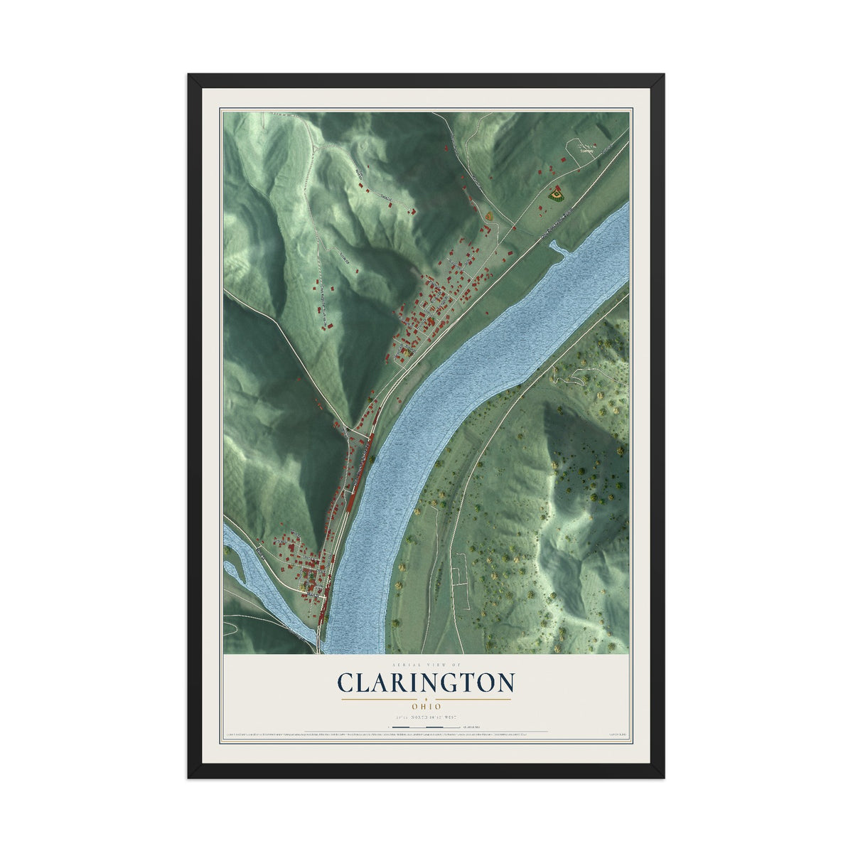 Map of Clarington, Ohio, 12 x 18 inch print in a black wood frame