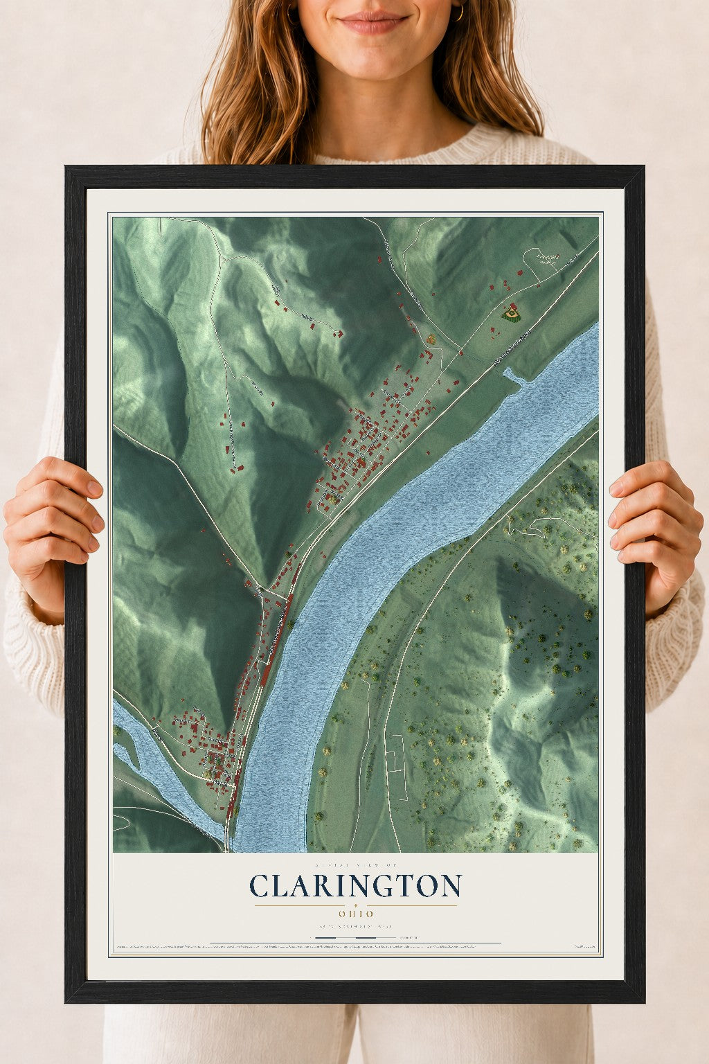 Map of Clarington, Ohio, 18 x 24 inch print in a black wood frame