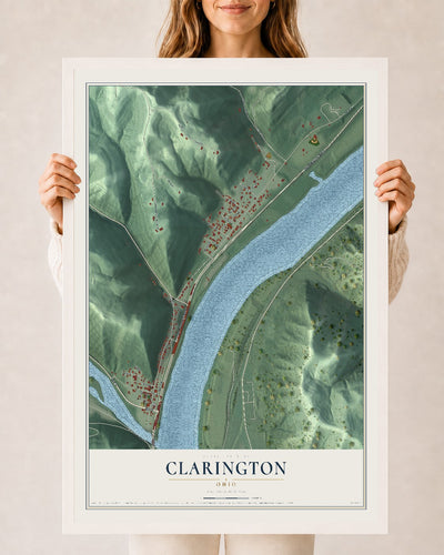 Map of Clarington, Ohio, 24 x 36 inch print in a white wood frame