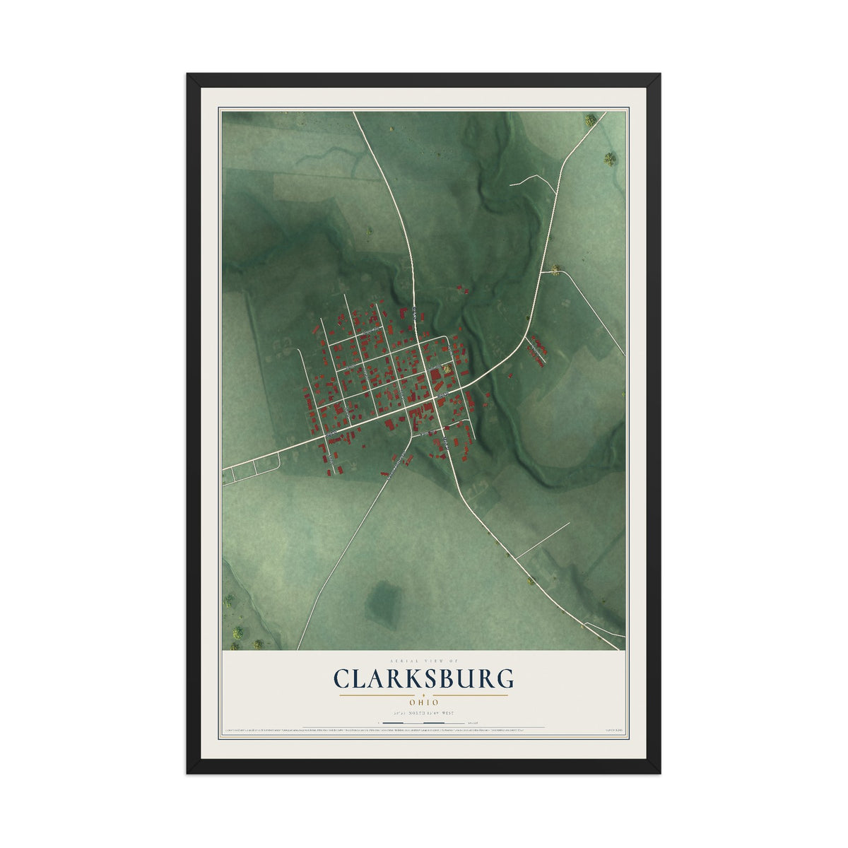 Map of Clarksburg, Ohio, 12 x 18 inch print in a black wood frame