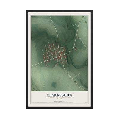 Map of Clarksburg, Ohio, 12 x 18 inch print in a black wood frame