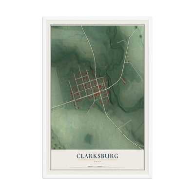 Map of Clarksburg, Ohio, 12 x 18 inch print in a white wood frame