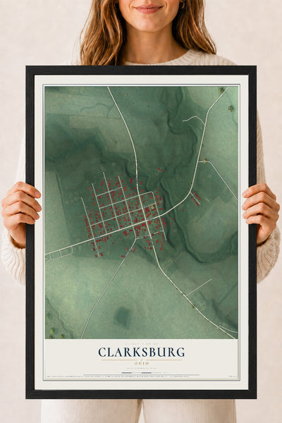Map of Clarksburg, Ohio, 18 x 24 inch print in a black wood frame