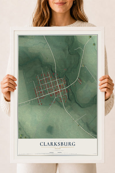 Map of Clarksburg, Ohio, 18 x 24 inch print in a white wood frame