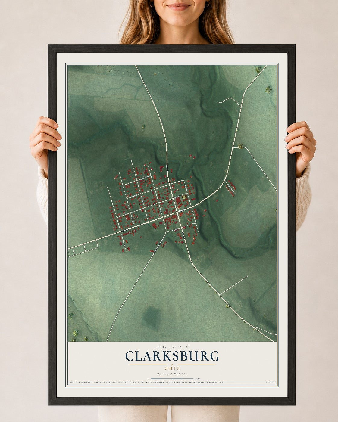 Map of Clarksburg, Ohio, 24 x 36 inch print in a black wood frame
