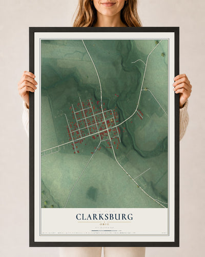 Map of Clarksburg, Ohio, 24 x 36 inch print in a black wood frame
