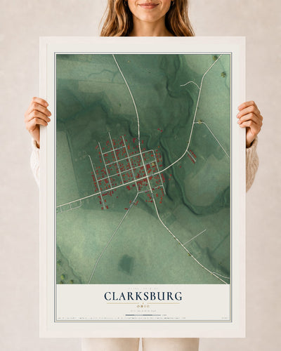 Map of Clarksburg, Ohio, 24 x 36 inch print in a white wood frame