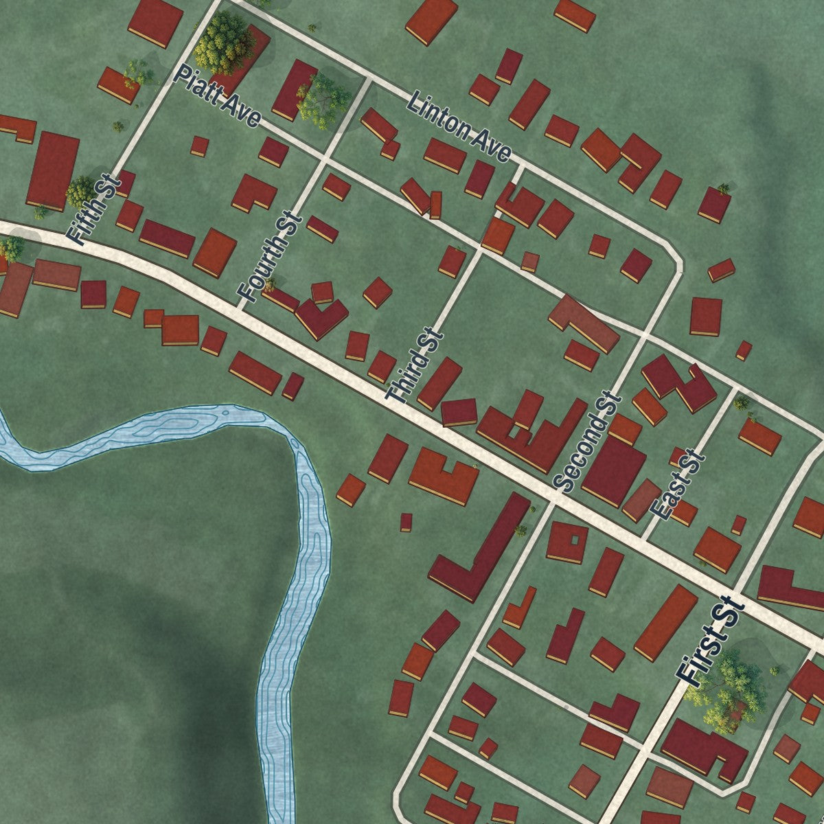 Close-up of the map of Clarksville, Ohio print showing street and building detail
