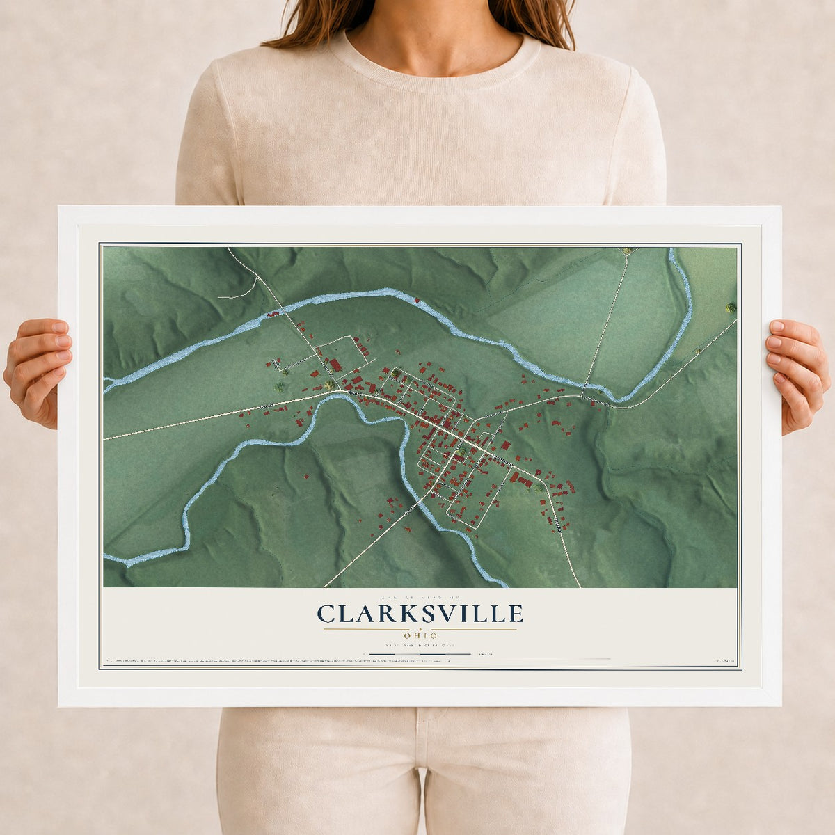Map of Clarksville, Ohio, 12 x 18 inch print in a white wood frame