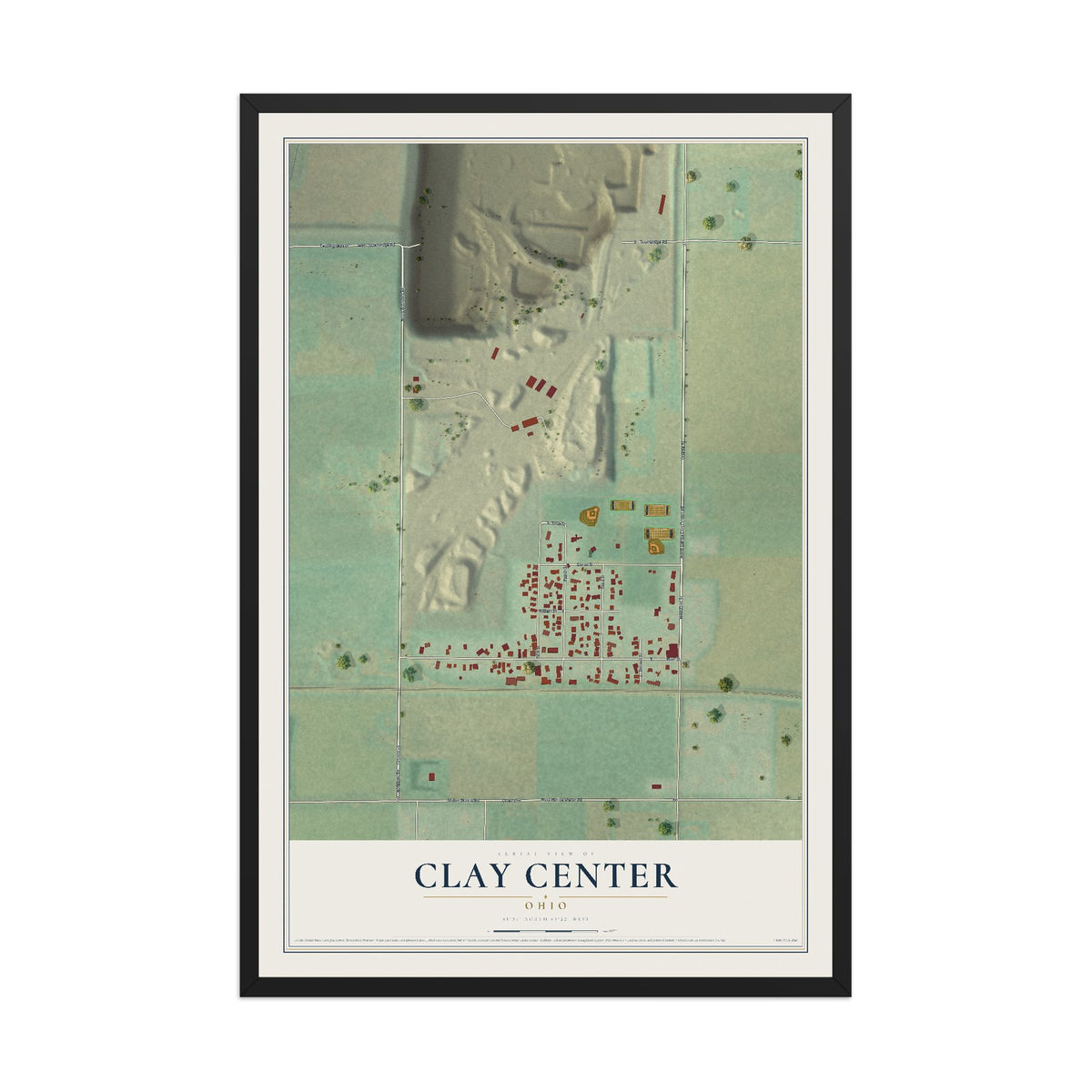 Map of Clay Center, Ohio, 12 x 18 inch print in a black wood frame