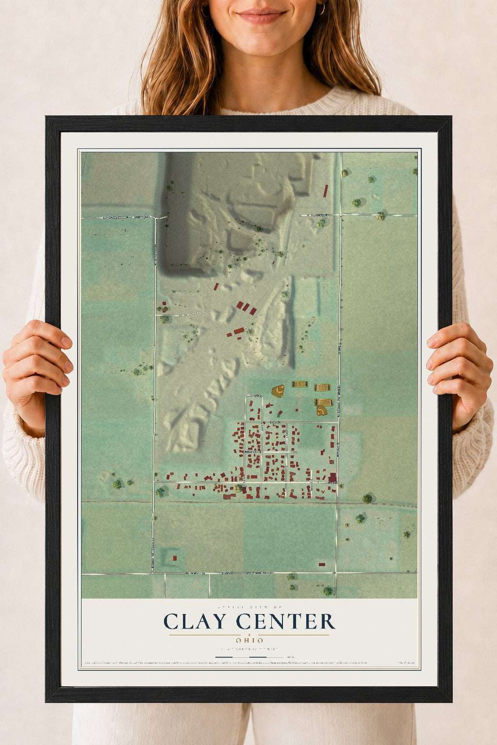 Map of Clay Center, Ohio, 18 x 24 inch print in a black wood frame