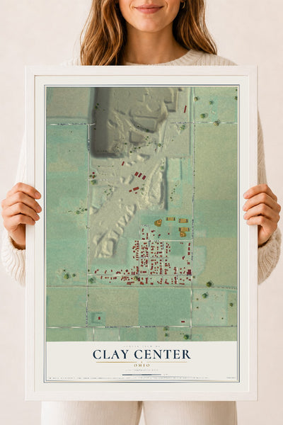 Map of Clay Center, Ohio, 18 x 24 inch print in a white wood frame