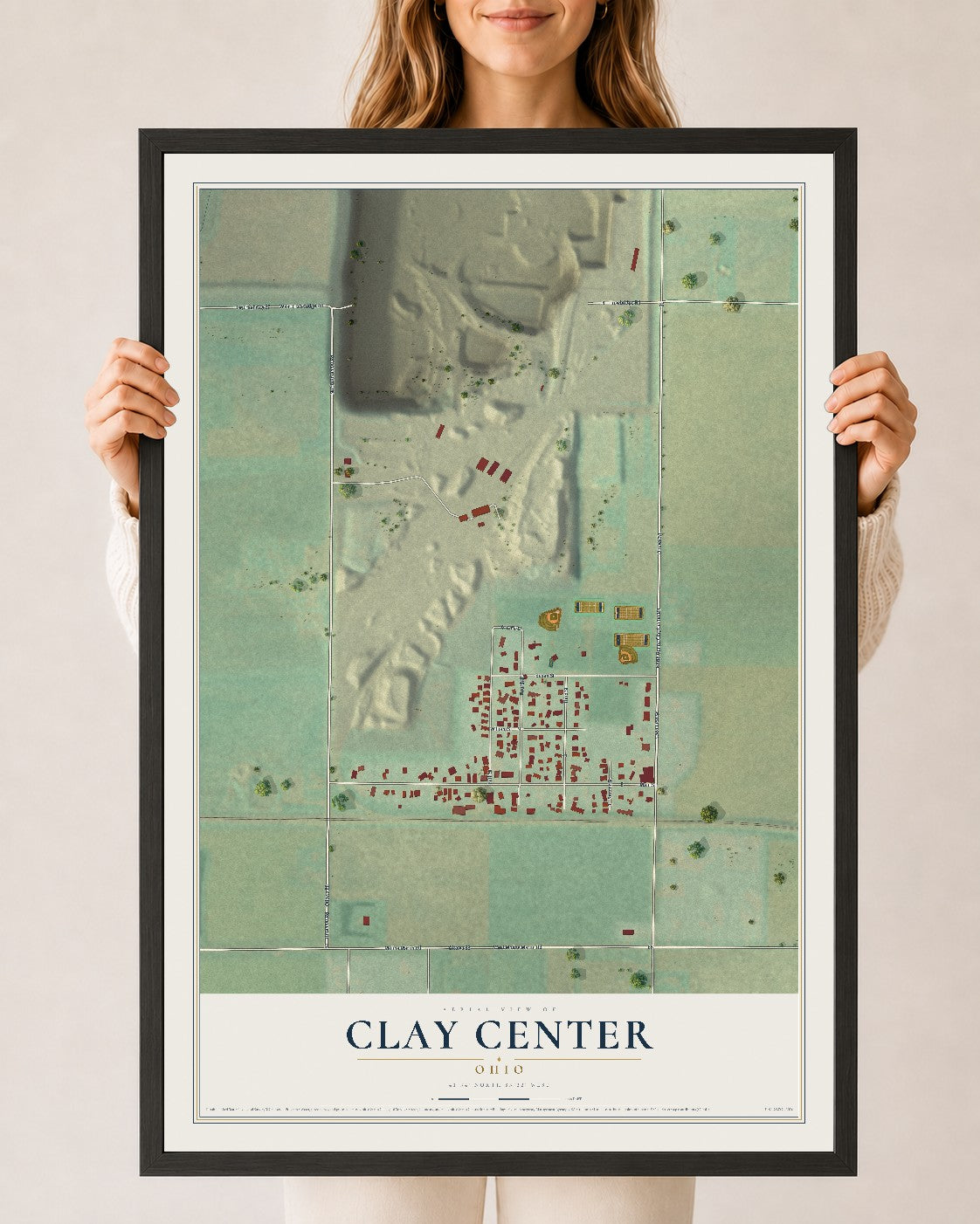 Map of Clay Center, Ohio, 24 x 36 inch print in a black wood frame