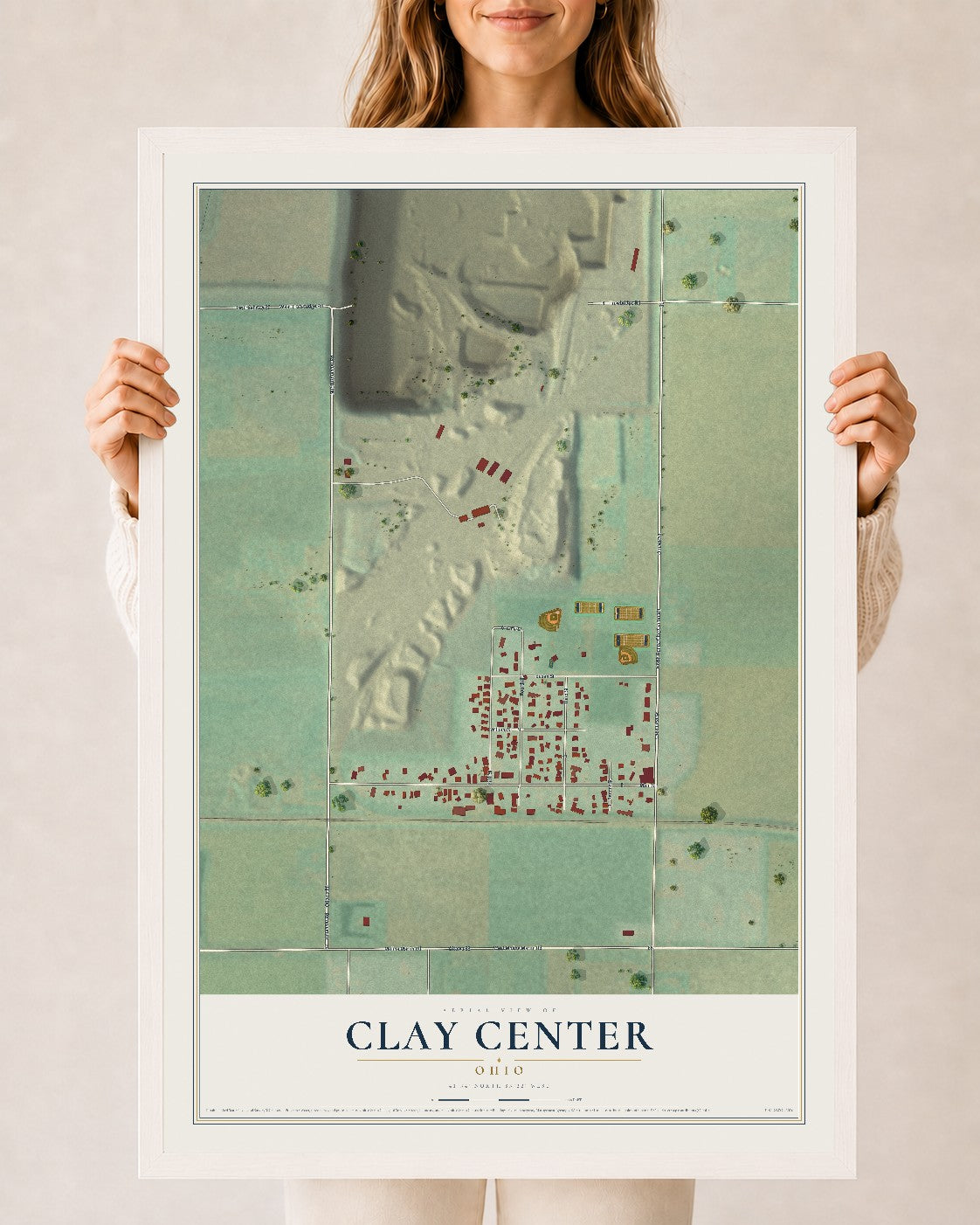 Map of Clay Center, Ohio, 24 x 36 inch print in a white wood frame