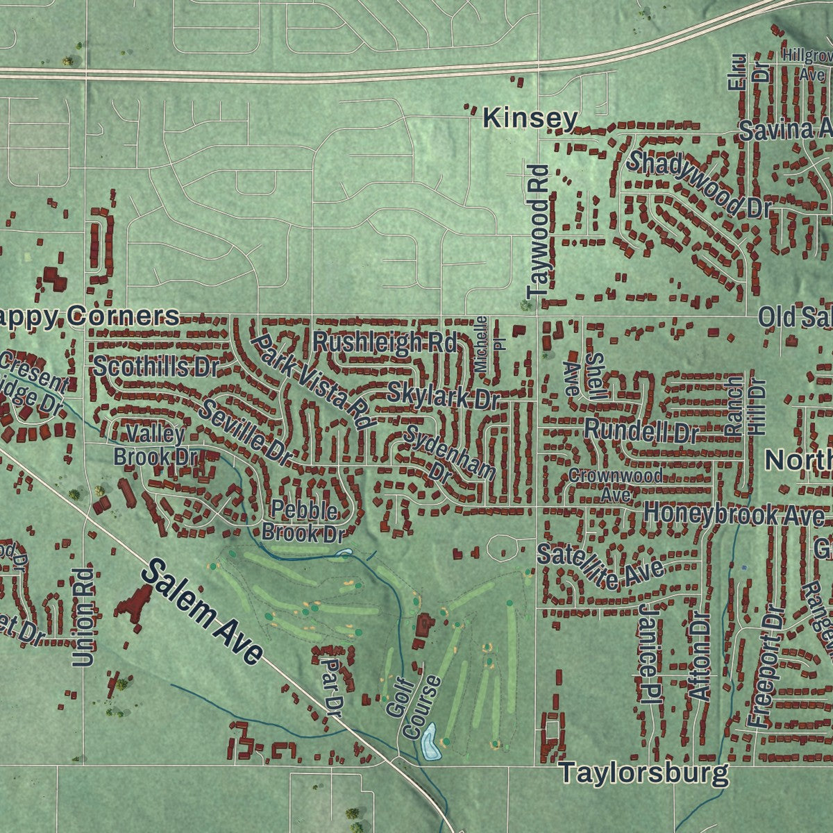 Close-up of the map of Clayton, Ohio print showing street and building detail