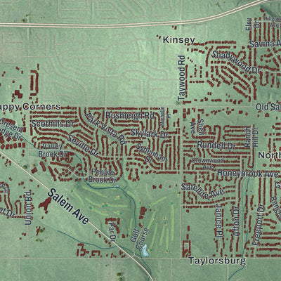 Close-up of the map of Clayton, Ohio print showing street and building detail