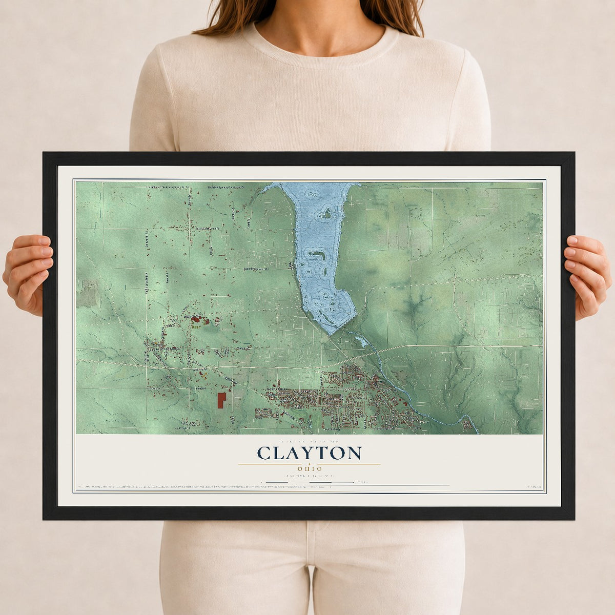Map of Clayton, Ohio, 12 x 18 inch print in a black wood frame