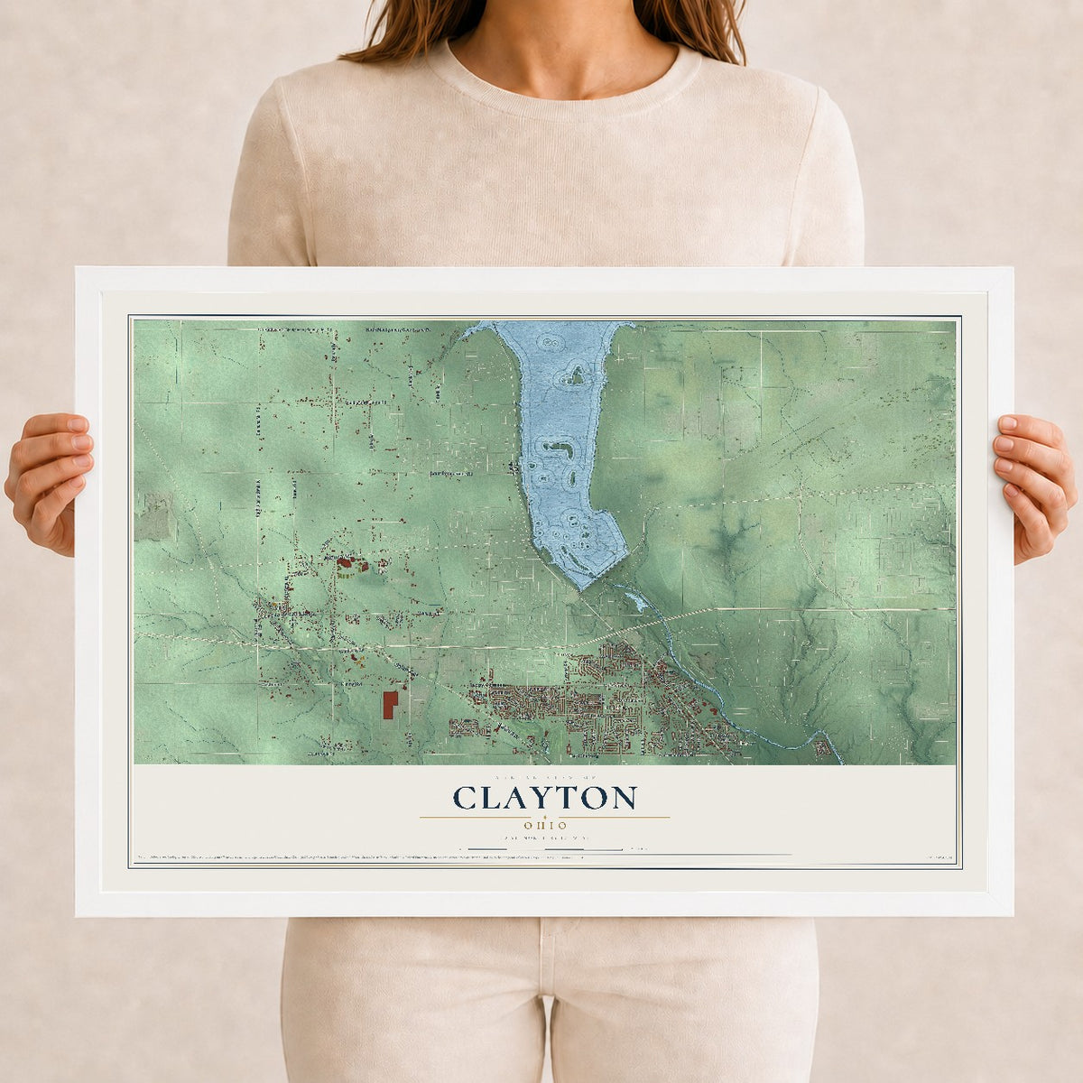 Map of Clayton, Ohio, 12 x 18 inch print in a white wood frame