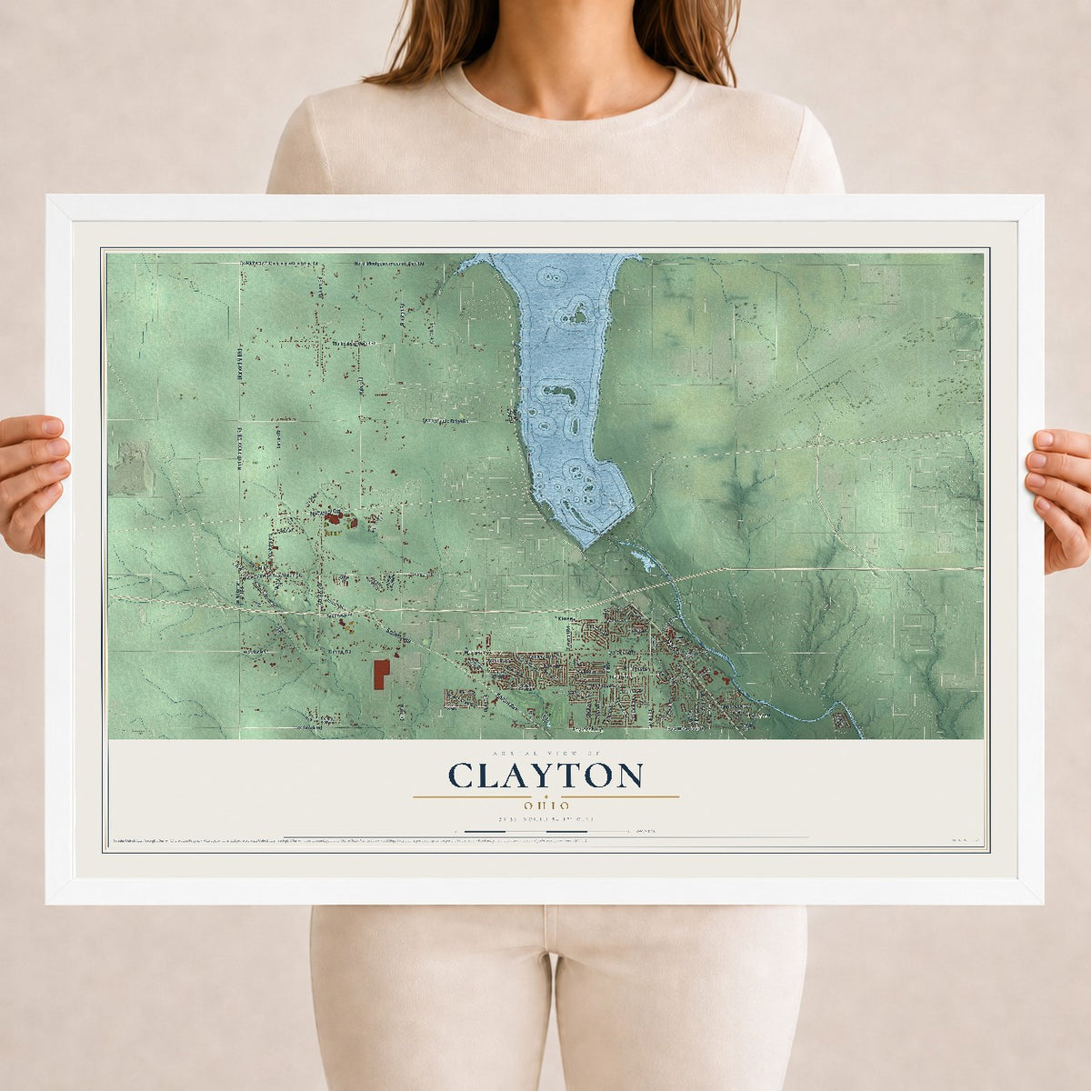 Map of Clayton, Ohio, 18 x 24 inch print in a white wood frame