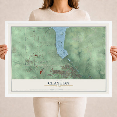 Map of Clayton, Ohio, 18 x 24 inch print in a white wood frame