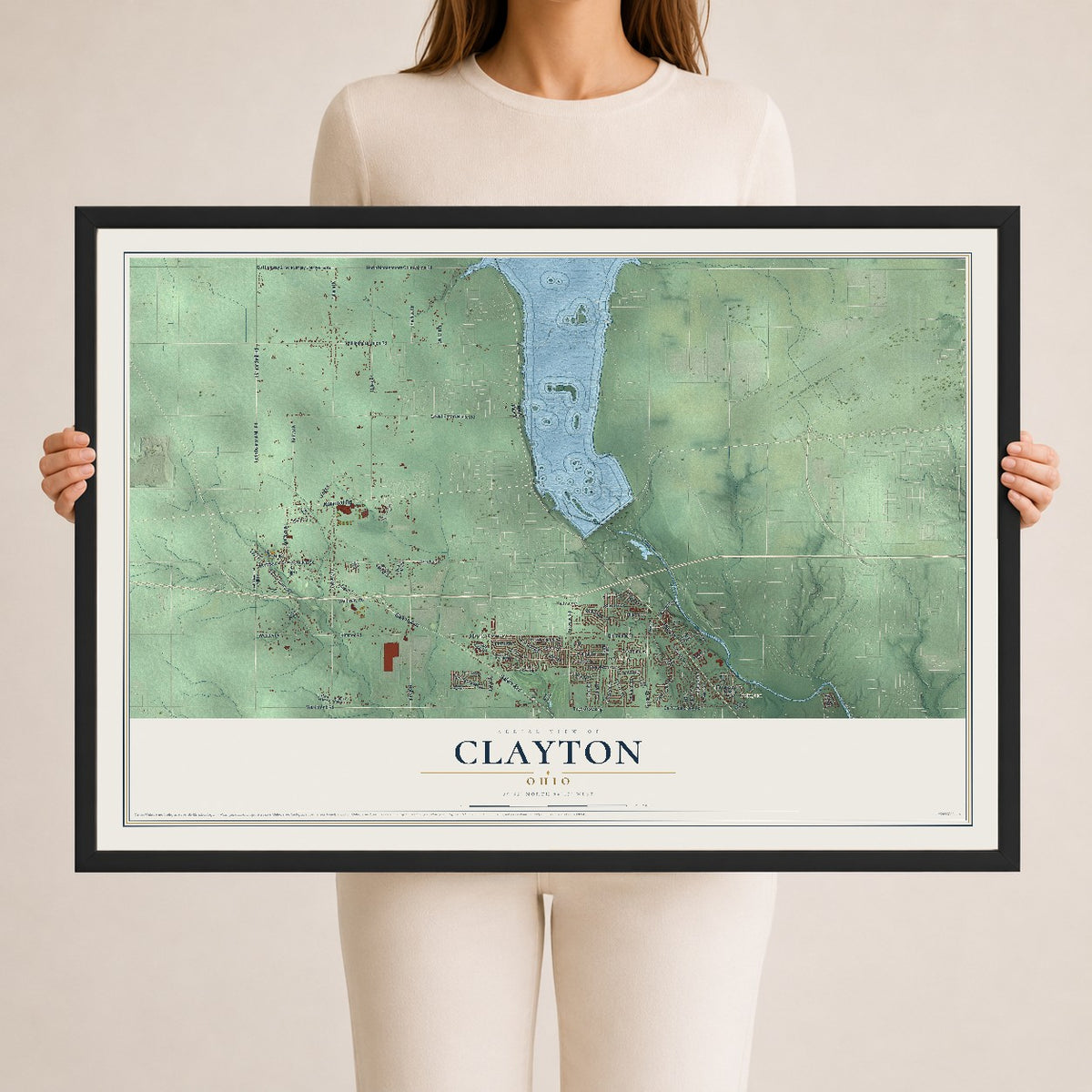 Map of Clayton, Ohio, 24 x 36 inch print in a black wood frame
