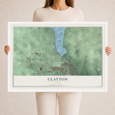 Map of Clayton, Ohio, 24 x 36 inch print in a white wood frame