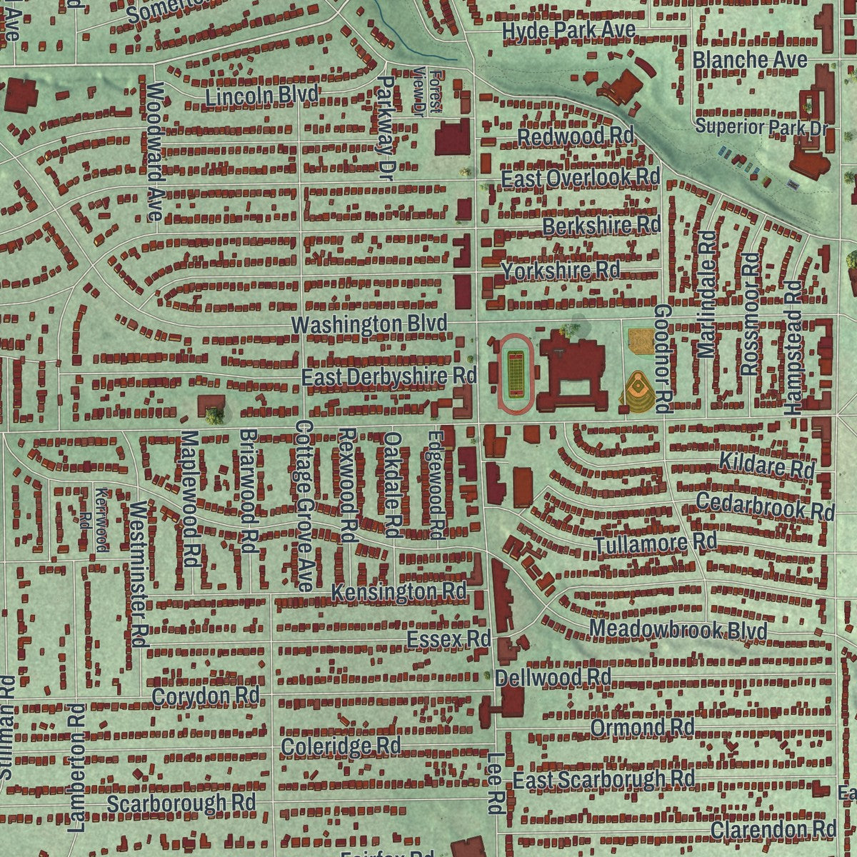 Close-up of the map of Cleveland Heights, Ohio print showing street and building detail