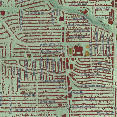 Close-up of the map of Cleveland Heights, Ohio print showing street and building detail
