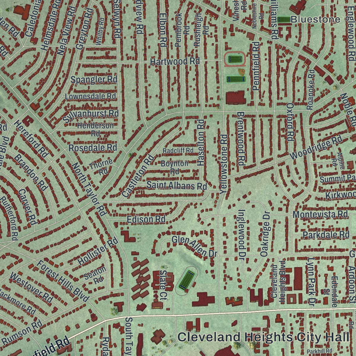 Second close-up of the map of Cleveland Heights, Ohio print showing more streets and buildings