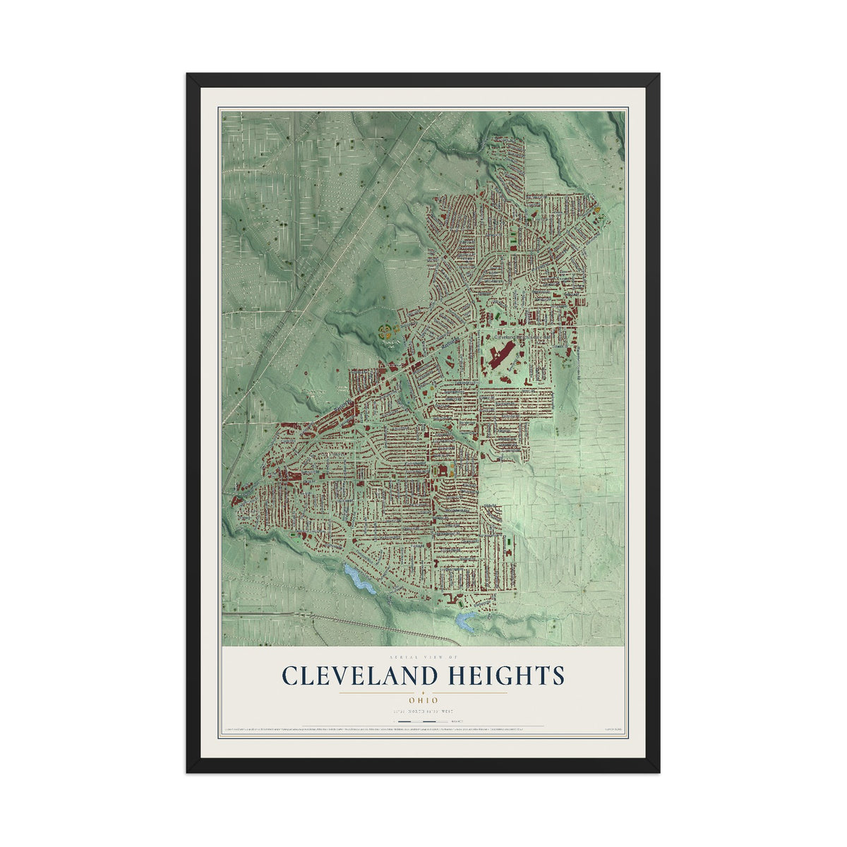 Map of Cleveland Heights, Ohio, 12 x 18 inch print in a black wood frame