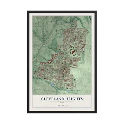 Map of Cleveland Heights, Ohio, 12 x 18 inch print in a black wood frame
