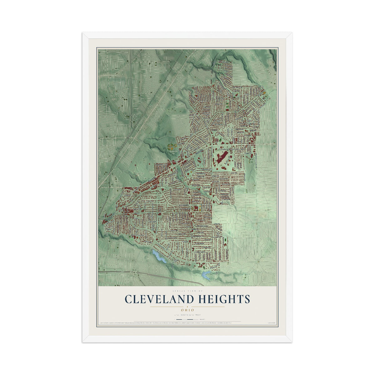 Map of Cleveland Heights, Ohio, 12 x 18 inch print in a white wood frame