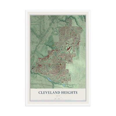 Map of Cleveland Heights, Ohio, 12 x 18 inch print in a white wood frame