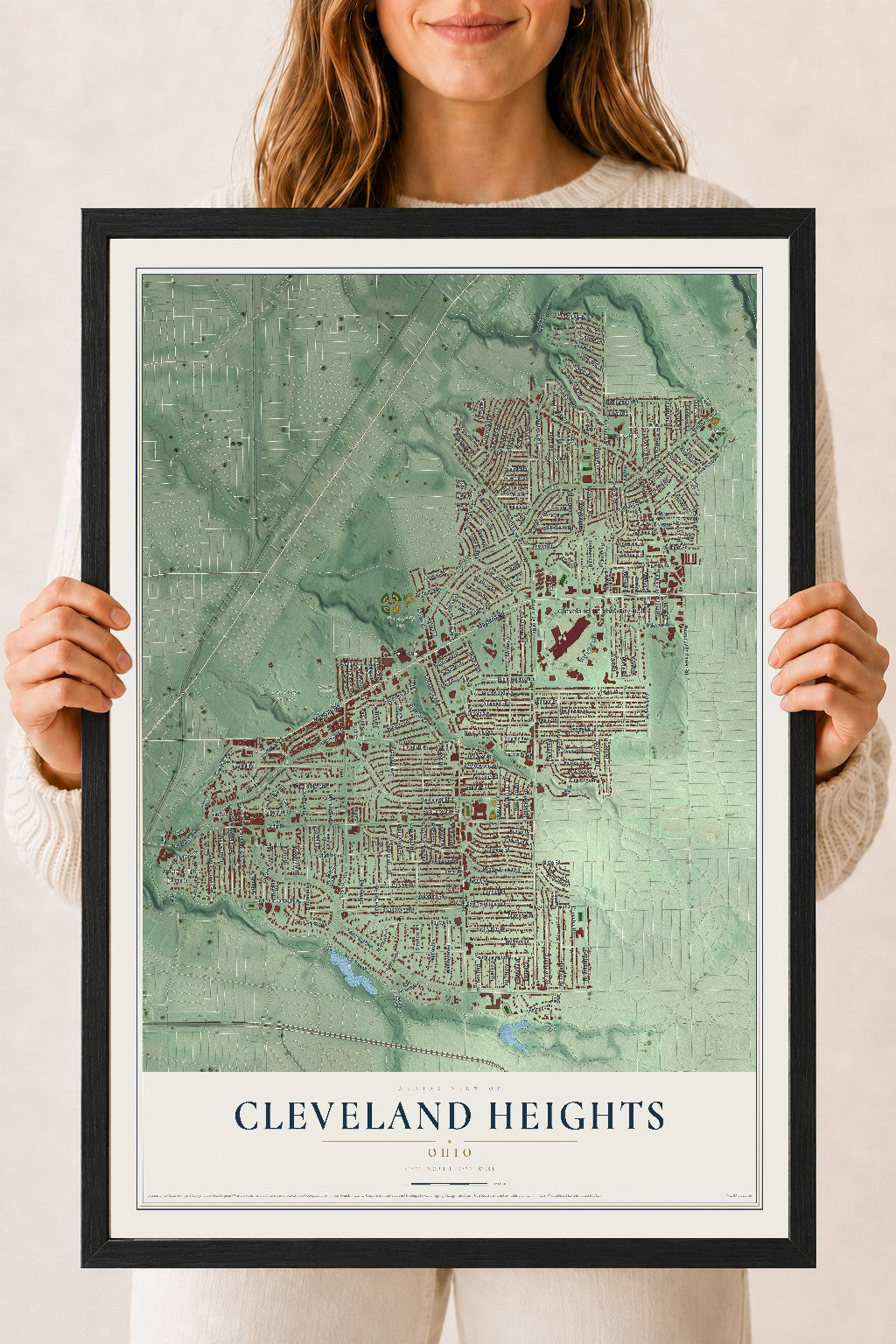 Map of Cleveland Heights, Ohio, 18 x 24 inch print in a black wood frame