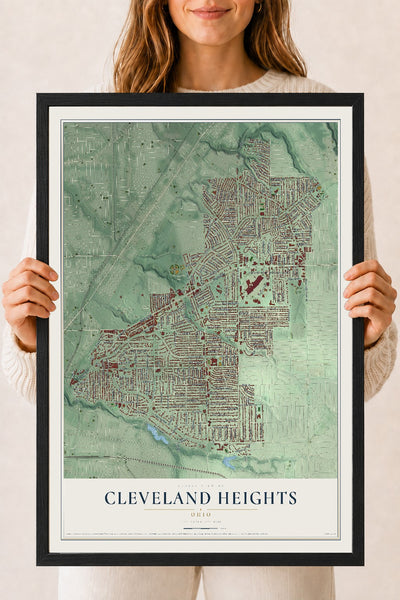 Map of Cleveland Heights, Ohio, 18 x 24 inch print in a black wood frame