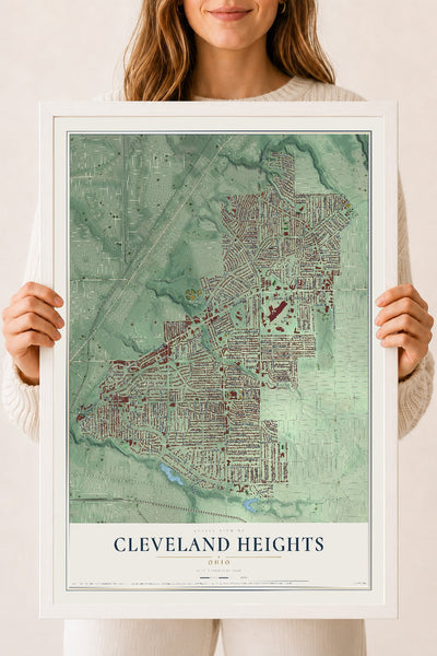 Map of Cleveland Heights, Ohio, 18 x 24 inch print in a white wood frame