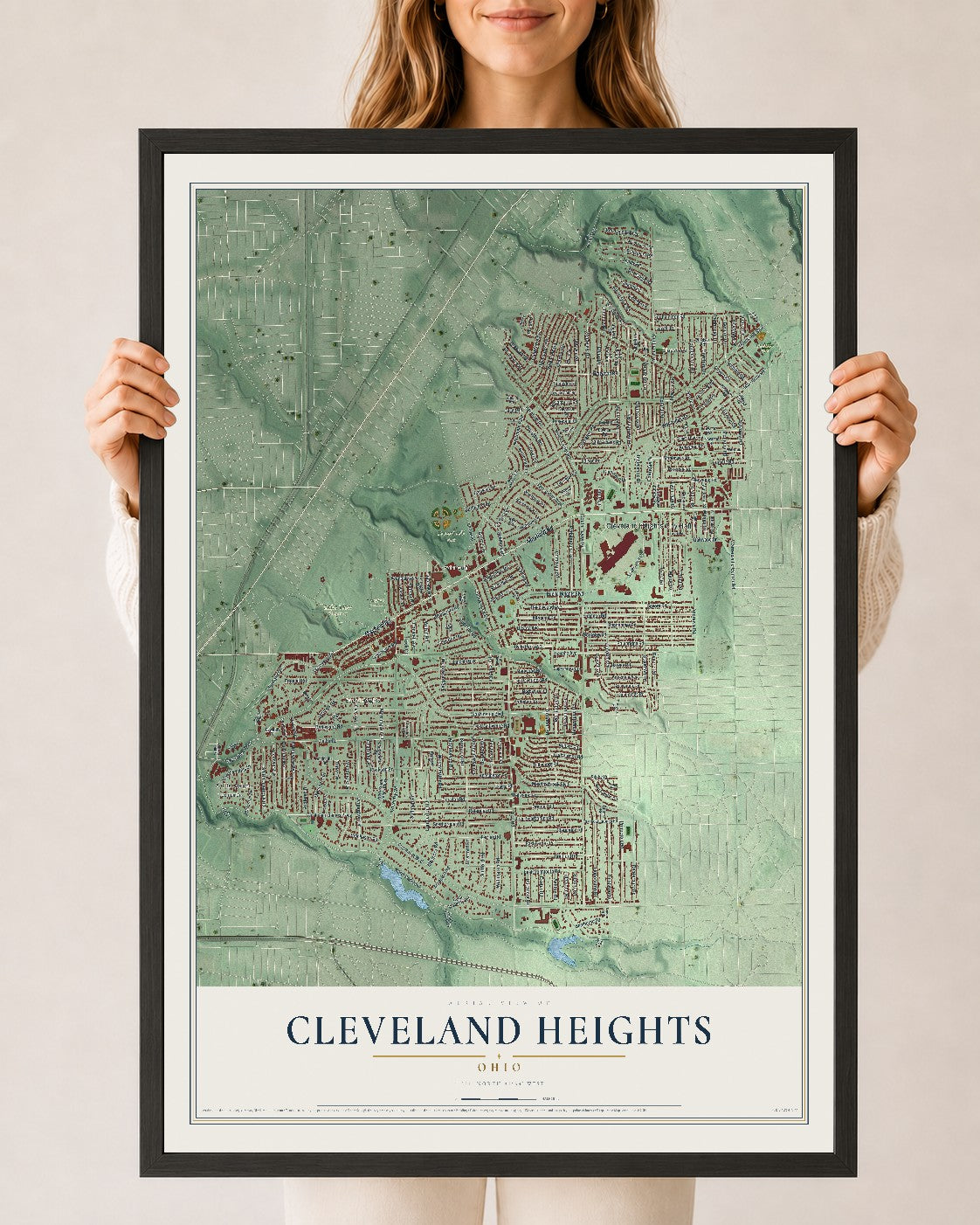 Map of Cleveland Heights, Ohio, 24 x 36 inch print in a black wood frame