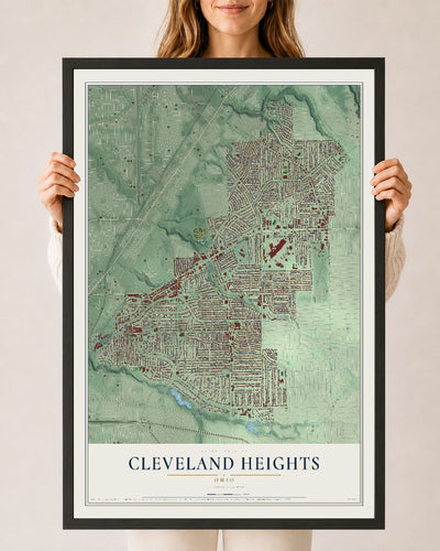 Map of Cleveland Heights, Ohio, 24 x 36 inch print in a black wood frame