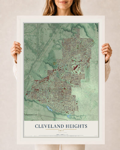 Map of Cleveland Heights, Ohio, 24 x 36 inch print in a white wood frame
