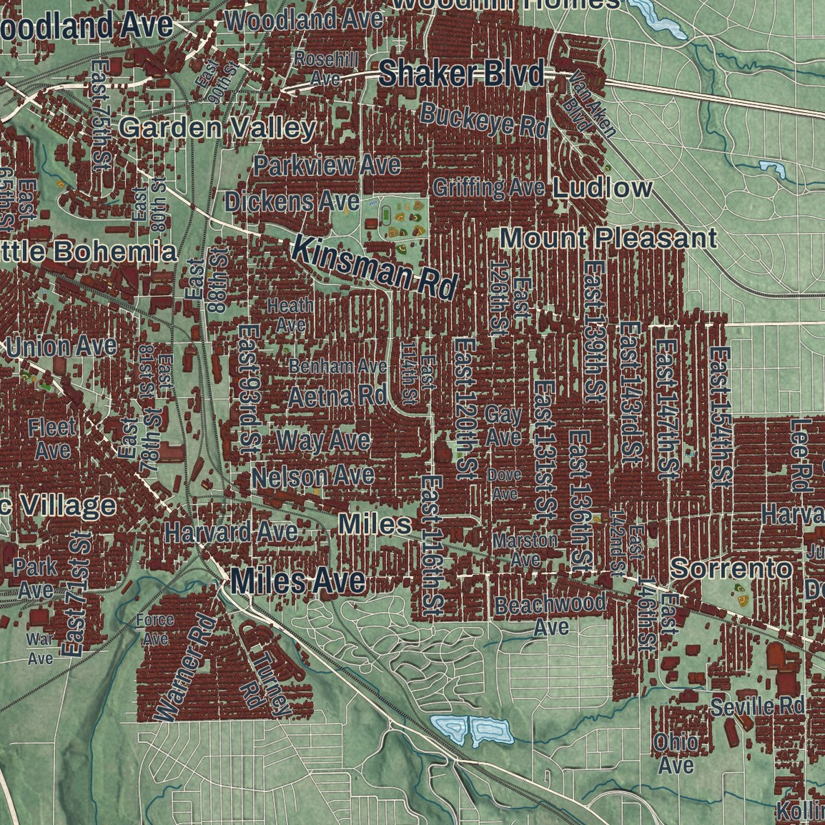 Second close-up of the map of Cleveland, Ohio print showing more streets and buildings